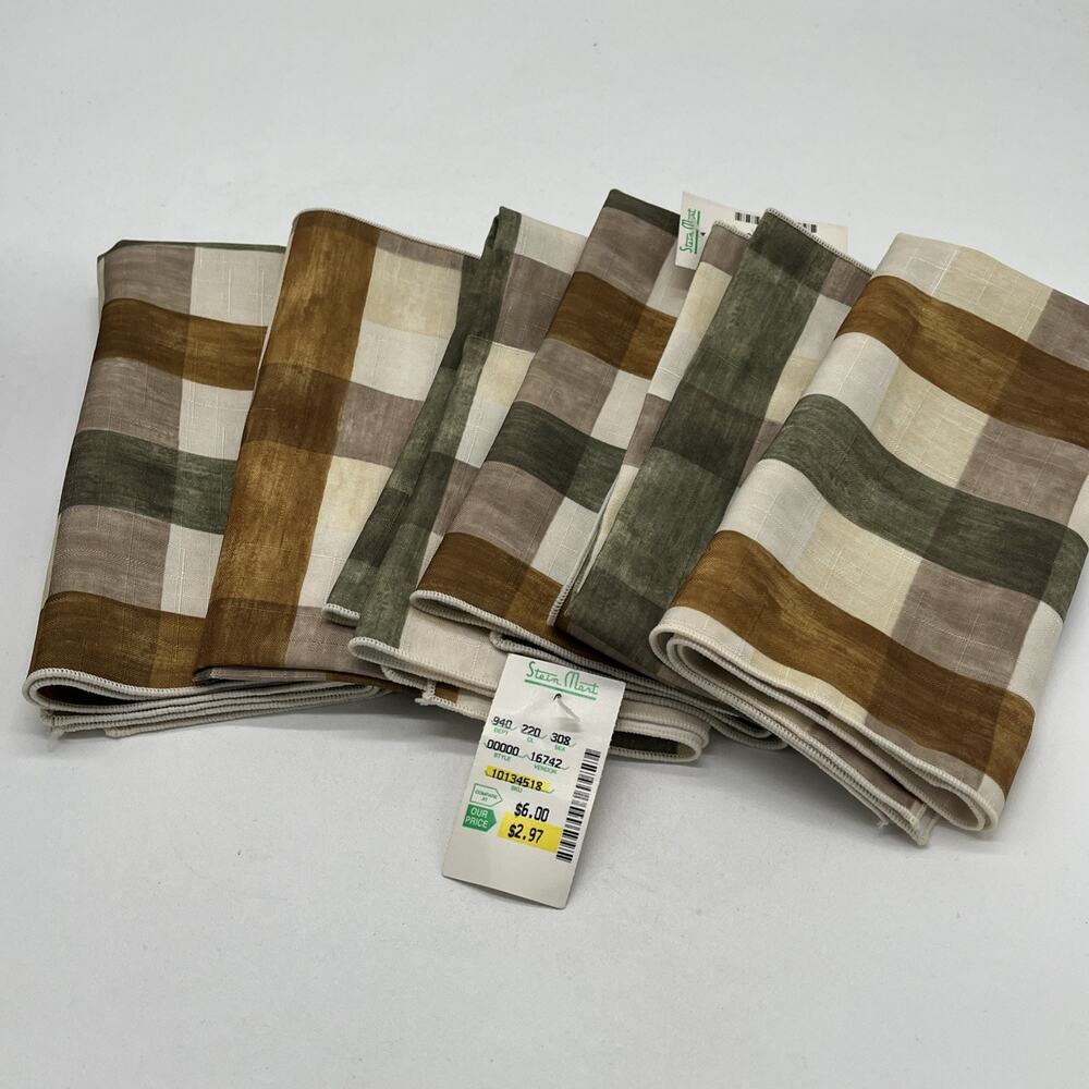 Vintage Set Of 6 Home Wear Plaid Cloth Napkins Ivory Polyester Green Brown 18x18